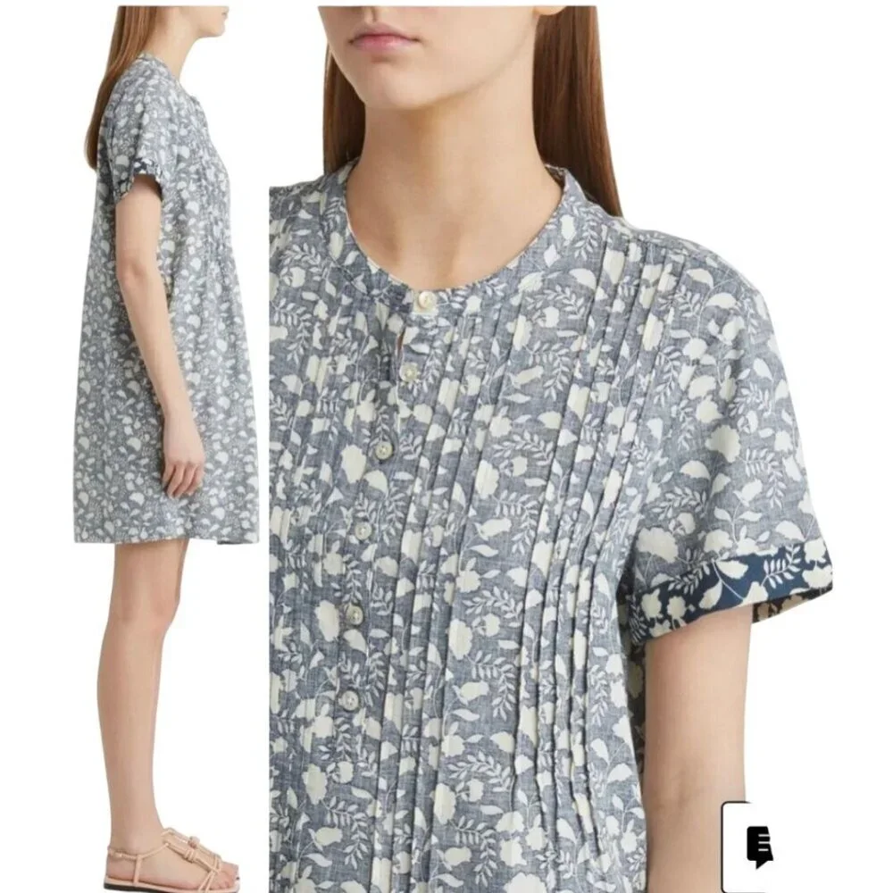 Faherty Gemina Linen Dress Sky Blue Floral Pockets Pintuck Size S